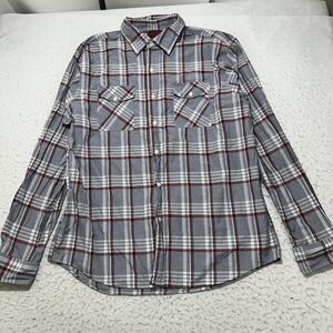 Sahara Club Men's XL Button Down Pocket Dress Shirt Gray Red Plaid Striped
